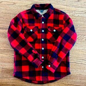 Eddie Bauer Boy Fleece Red Plaid Jacket Faux Sherpa Lining Kids Size 10/12